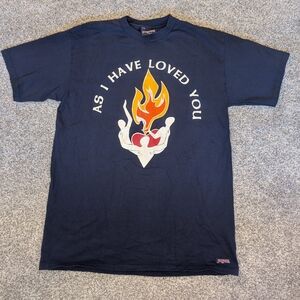 VTG JanSport As I Have Loved You Flame Heart Christian Church TShirt Blue Large